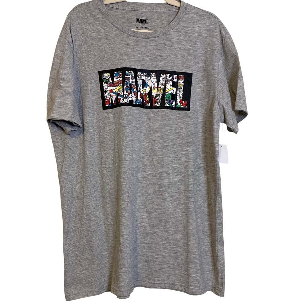 Marvel Comics Mens Graphic T-Shirt Gray Heather Comic Logo Tee 2X Mad Engine NEW